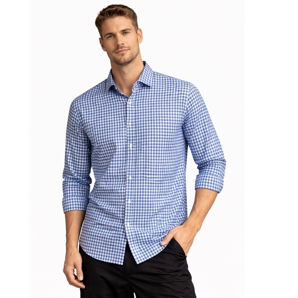Banana Republic Shirt Mens Medium Grant Fit Blue Gingham Check Stretch Dress
